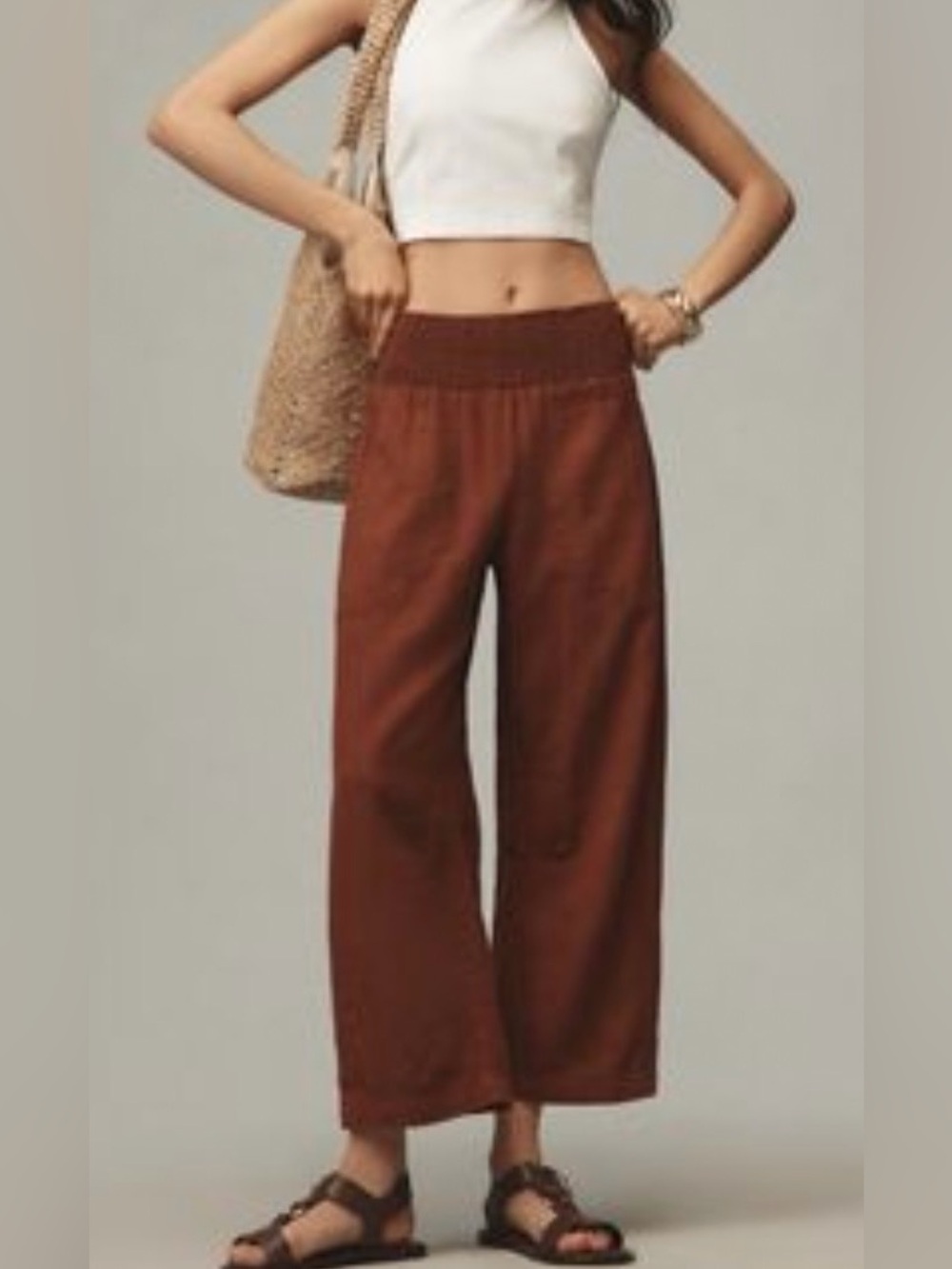 Anthropologie Pilcro Reese Smocked Linen Blend Pull-On Barrel Pants, Size XSP - Picture 2 of 12